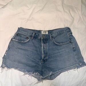 Agolde Medium Wash Frayed Hem Denim Parker Shorts